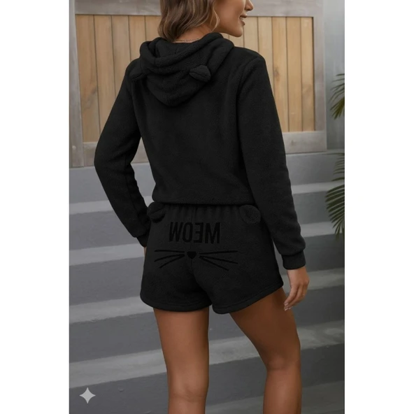 Lucky Life Kadın Uzun Kollu Kapşonlu Peluş Bluz Ve Kısa Short Ikili Takım - 4