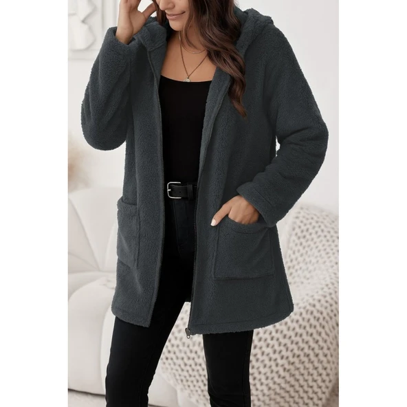 Lucky Life Kadın Uzun Kollu Kapşonlu önden Fermuarlı Cepli Welsoft Ceket - 2