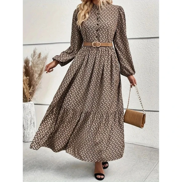 Lucky Life Kadın Uzun Kollu Hakim Yakalı Düğmeli Kemersiz Desenli Maxi Süprem Elbise - Resim 2