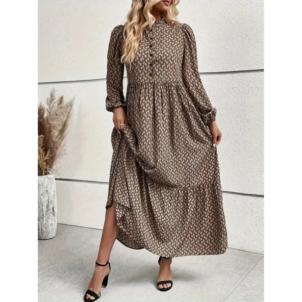 Lucky Life Kadın Uzun Kollu Hakim Yakalı Düğmeli Kemersiz Desenli Maxi Süprem Elbise - Resim 5