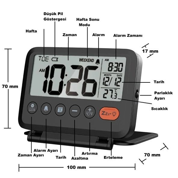 HyMark LCD Katlanır 10x8cm Dijital Masa Saati Çalar Saat Takvim Sıcaklık Led Pilli Seyahat Ofis Ev - Resim 5