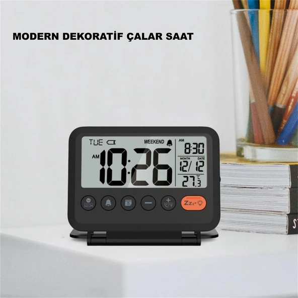 HyMark LCD Katlanır 10x8cm Dijital Masa Saati Çalar Saat Takvim Sıcaklık Led Pilli Seyahat Ofis Ev - Resim 6