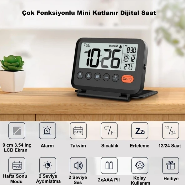 HyMark LCD Katlanır 10x8cm Dijital Masa Saati Çalar Saat Takvim Sıcaklık Led Pilli Seyahat Ofis Ev - Resim 2
