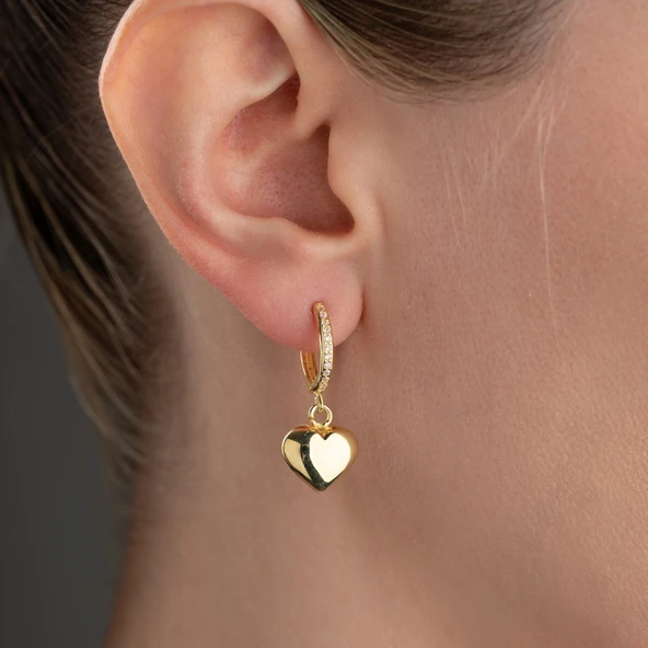 925 Ayar Gümüş Bombeli Sallantılı Kalp Küpe - Resim 3