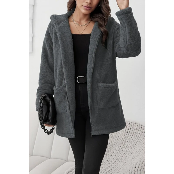 Lucky Life Kadın Uzun Kollu Kapşonlu önden Fermuarlı Cepli Welsoft Ceket - 3