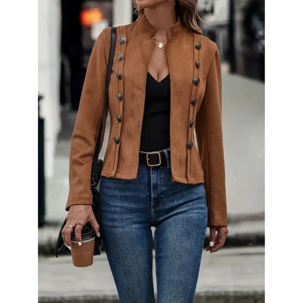 Lucky Life Kadın Uzun Kollu Hakim Yaka Yanlardan Düğmeli Kısa Süet Ceket - Resim 2