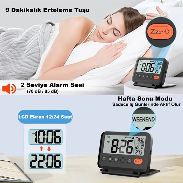 HyMark LCD Katlanır 10x8cm Dijital Masa Saati Çalar Saat Takvim Sıcaklık Led Pilli Seyahat Ofis Ev - Resim 3