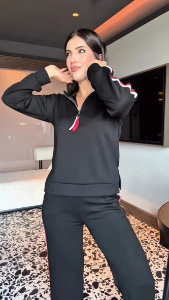 Lucky Life Kadın Uzun Kollu Fermuarlı Viskon Iki Iplik Bluz Ve Pantolon Ikili Takım ürün görseli 1