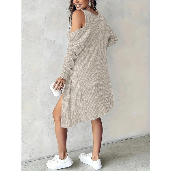 Lucky Life Kadın Askılı Yuvarlak Yakalı önü Düğmeli şardonlu Kaşkorse Mini Elbise Ve Kısa Ceket - Resim 3