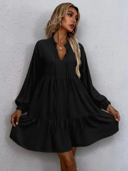 Lucky Life Kadın Uzun Kollu Yakadan Bağcıklı Fırfırlı Keten Mini Elbise - Resim 2