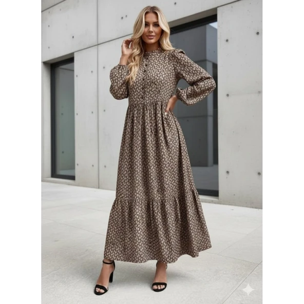 Lucky Life Kadın Uzun Kollu Hakim Yakalı Düğmeli Kemersiz Desenli Maxi Süprem Elbise - Resim 8