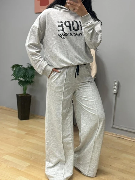 Lucky Life Kadın Uzun Kollu Nope Baskılı Beli Ribanalı Ikili Takım - Resim 5