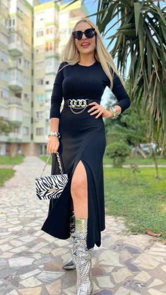 Lucky Life Kadın Uzun Kollu Bisiklet Yaka Yırtmaçlı Kemerli Uzun çilek Elbise - Resim 3