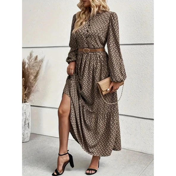 Lucky Life Kadın Uzun Kollu Hakim Yakalı Düğmeli Kemersiz Desenli Maxi Süprem Elbise - Resim 3