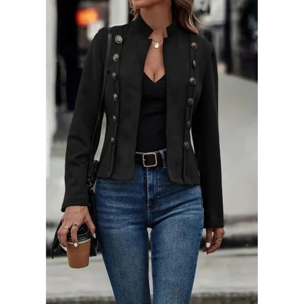 Lucky Life Kadın Uzun Kollu Hakim Yaka Yanlardan Düğmeli Kısa Süet Ceket - 2