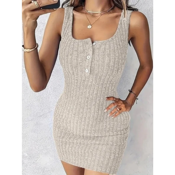 Lucky Life Kadın Askılı Yuvarlak Yakalı önü Düğmeli şardonlu Kaşkorse Mini Elbise Ve Kısa Ceket - Resim 4