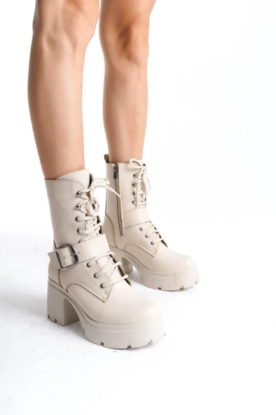 BİÇOMİ Linma Bej Cilt Bağcıklı Topuklu Bot ürün görseli