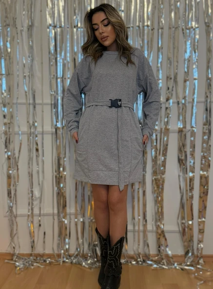 Lucky Life Kadın Uzun Kollu Bisiklet Yaka Kuşaklı Iki Iplik Elbise - Resim 8