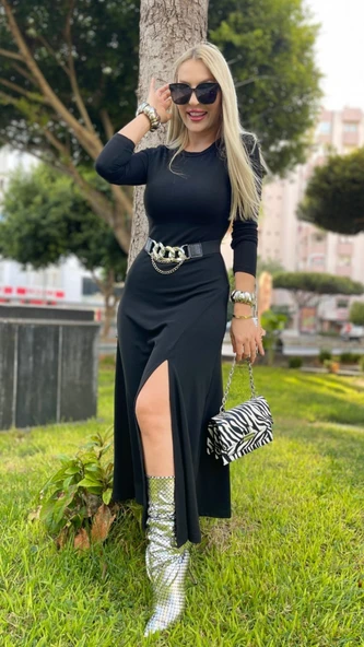 Lucky Life Kadın Uzun Kollu Bisiklet Yaka Yırtmaçlı Kemerli Uzun çilek Elbise ürün görseli 1