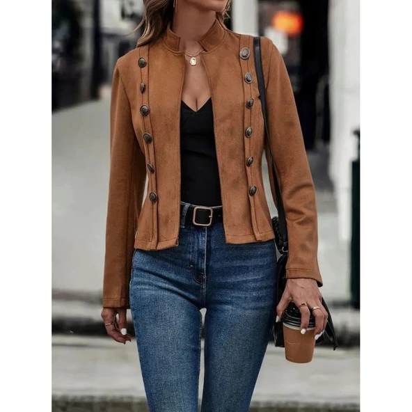 Lucky Life Kadın Uzun Kollu Hakim Yaka Yanlardan Düğmeli Kısa Süet Ceket - Resim 3