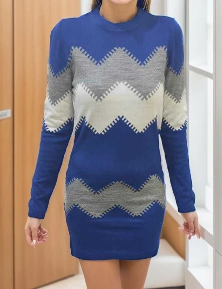 Lucky Life Kadın Uzun Kollu Zigzag Desen Triko Elbise - Resim 11