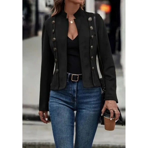 Lucky Life Kadın Uzun Kollu Hakim Yaka Yanlardan Düğmeli Kısa Süet Ceket - 3