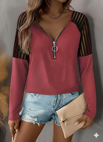 Lucky Life Kadın Uzun Kollu Yakadan Fermuarlı Viskon Bluz ürün görseli 1