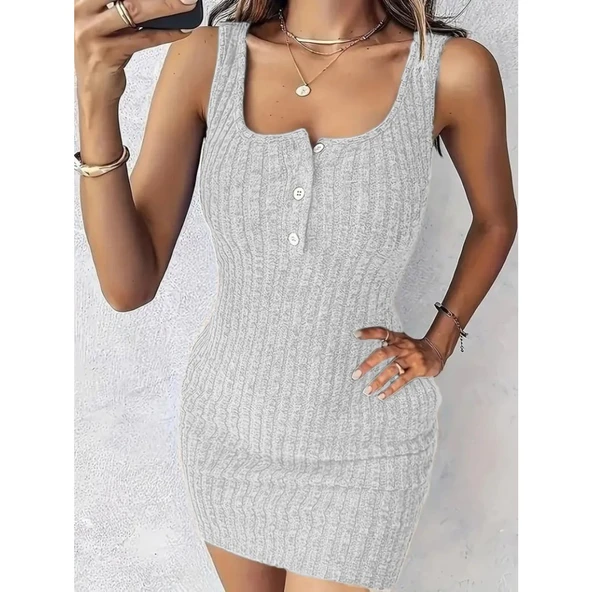 Lucky Life Kadın Askılı Yuvarlak Yakalı önü Düğmeli şardonlu Kaşkorse Mini Elbise Ve Kısa Ceket - 4