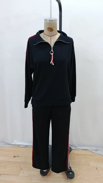 Lucky Life Kadın Uzun Kollu Fermuarlı Viskon Iki Iplik Bluz Ve Pantolon Ikili Takım - Resim 9