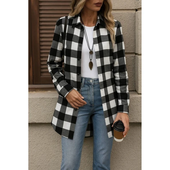 Lucky Life Kadın Uzun Kollu Ekoseli önden Düğmeli Dokuma Uzun Gömlek - 3