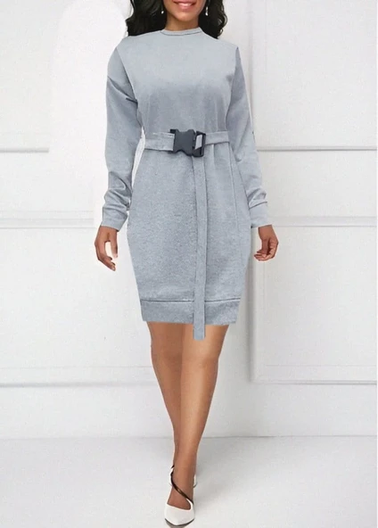 Lucky Life Kadın Uzun Kollu Bisiklet Yaka Kuşaklı Iki Iplik Elbise ürün görseli 1