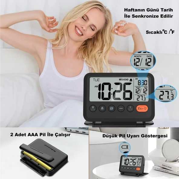 HyMark LCD Katlanır 10x8cm Dijital Masa Saati Çalar Saat Takvim Sıcaklık Led Pilli Seyahat Ofis Ev - Resim 4