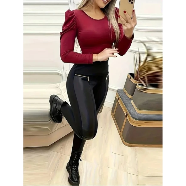 Lucky Life Kadın Yüksek Bel Deri Detaylı Fermuarlı Dalgıç Tayt - 2