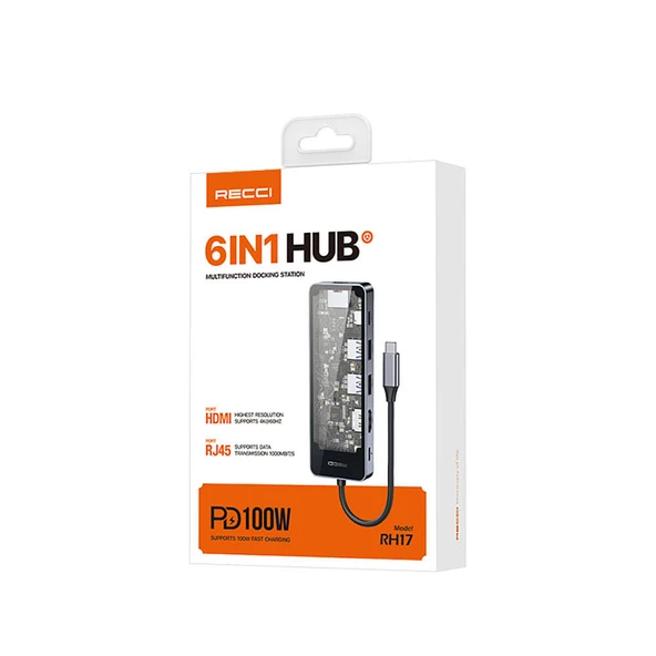 Recci RH17 Type-C to Type-C PD100W + USB3.0 + HDMI + Type-C + RJ45 Bağlantılı 6in1 Hub - Resim 3