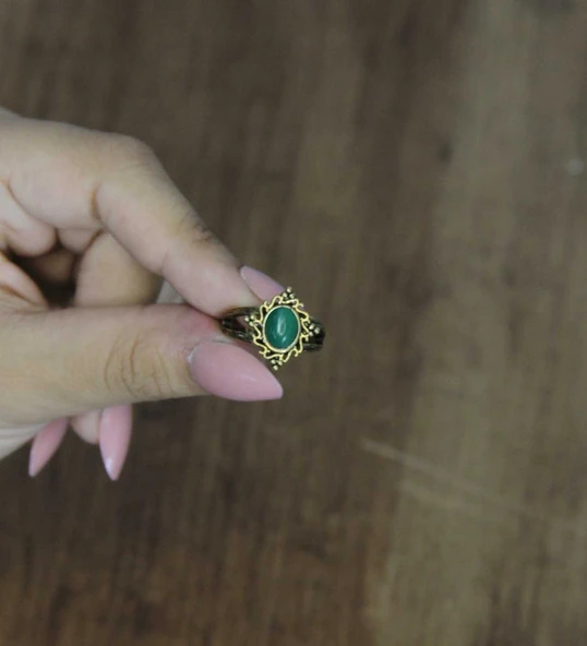 Doğal Taş Yeşil Akik Doğal Taşlı Antik Model Kadın Ayarlanabillir Yüzük euy71ya - Resim 3