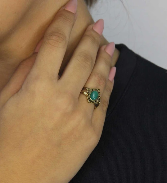 Doğal Taş Yeşil Akik Doğal Taşlı Antik Model Kadın Ayarlanabillir Yüzük euy71ya - Resim 2