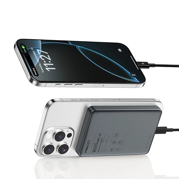 Recci RP35 PD 20W Led Göstergeli Hızlı Şarj Özellikli Wireless Powerbank 15W 10000mAh - 12