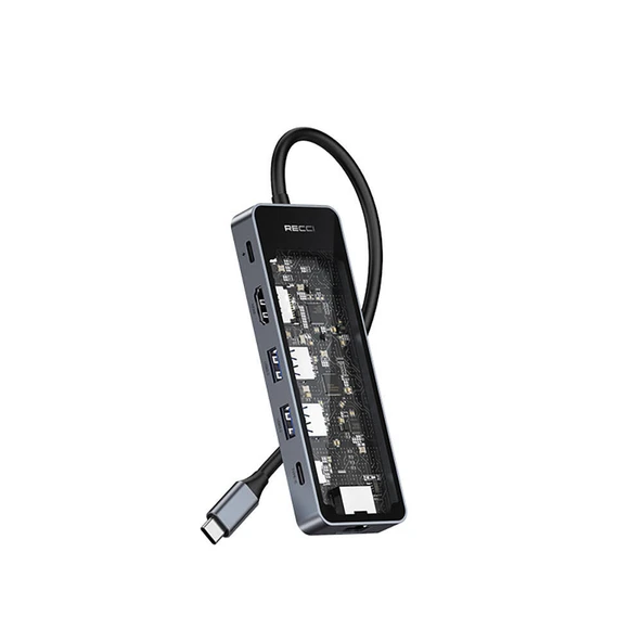 Recci RH17 Type-C to Type-C PD100W + USB3.0 + HDMI + Type-C + RJ45 Bağlantılı 6in1 Hub ürün görseli 1