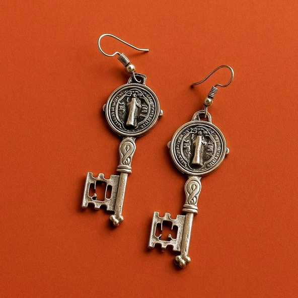 Tarihi Anahtar Şekilli Kadın Küpe Çift Adet Gümüş Kaplama El Yapımı Küpe ürün görseli 1