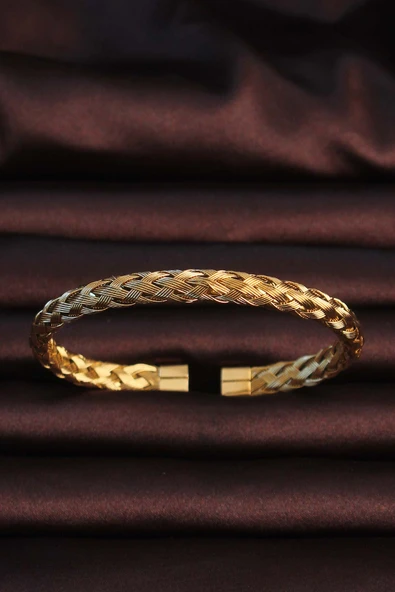 316L Çelik Altın Renk Kalın Yassı Örgü Model Erkek Bileklik - TJ-EB3674 ürün görseli 1