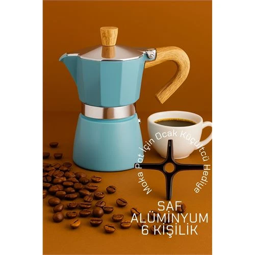 Modacar Italyan Moka Pot - 6061 Saf Alüminyum Ahşap Saplı - 6 kişilik MAVİ