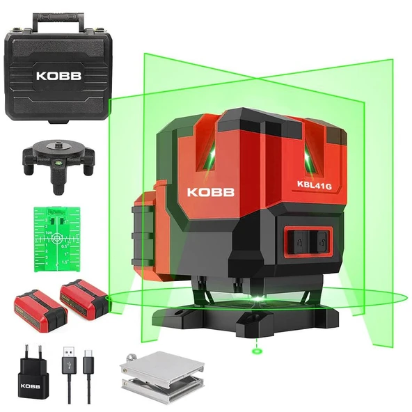 KOBB KBL41G 30Metre 4x90⁰/1x360⁰ Otomatik Hizalamalı Li-ion Çift Akülü Profesyonel Yeşil Çapraz Çizgi Lazer Distomat