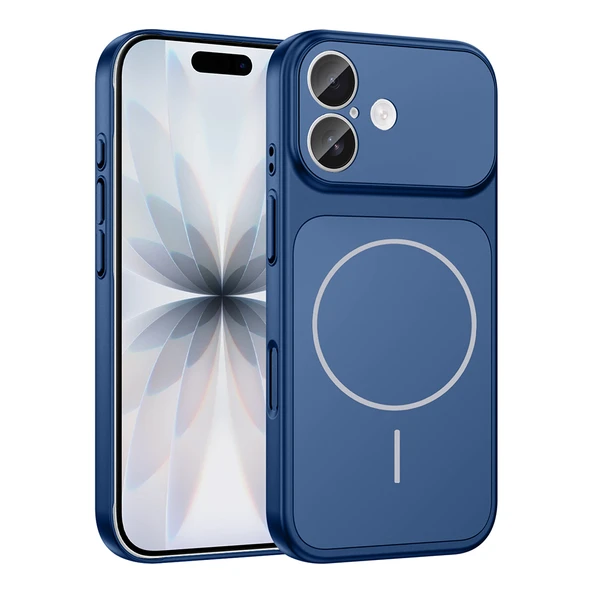 iPhone 16 Kılıf ZNTH M-Safe Şarj Özellikli Kamera Korumalı Formen Kapak - Mavi - Resim 2