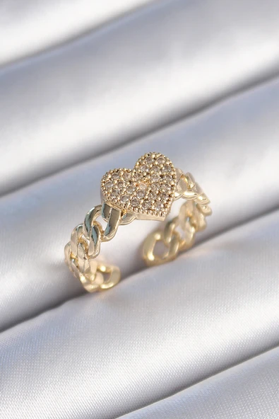 Pirinç Gold Renk Zincir Kordon Zirkon Taşlı Kalp Model Kadın Yüzük - TJ-BYK3485 ürün görseli 1