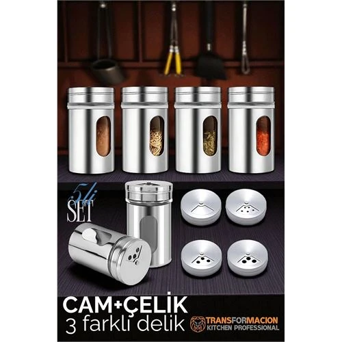 Modacar Cam+Çelik Tuzluk Biberlik Karabiberlik 3 Farklı Delikli 5 li SET
