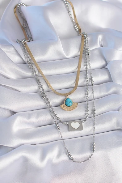 316L Çelik Mix Renk 3'lü Zincir Damla Madalyon Figür Uzun Kadın Kolye - TJ-BKO9402 - Resim 2