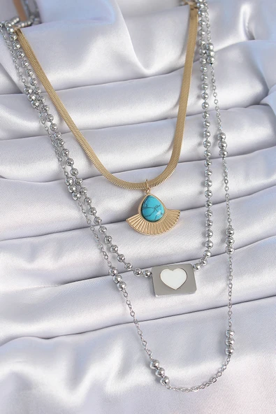 316L Çelik Mix Renk 3'lü Zincir Damla Madalyon Figür Uzun Kadın Kolye - TJ-BKO9402 ürün görseli 1