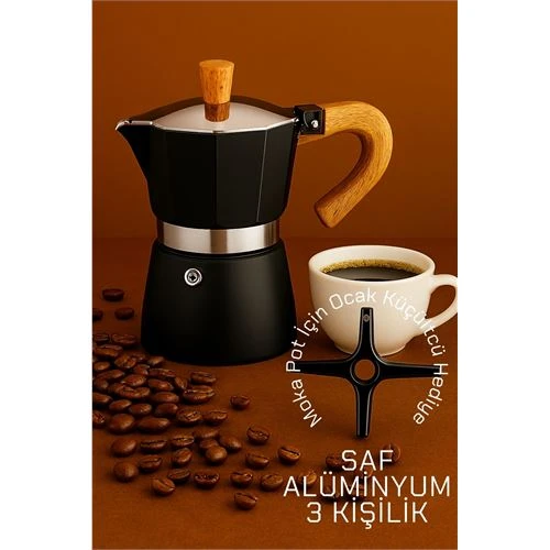 Modacar Italyan Moka Pot - 6061 Saf Alüminyum Ahşap Saplı - 3 kişilik SİYAH