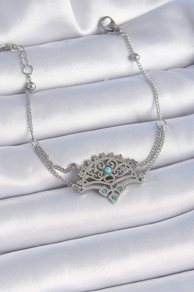 316L Çelik Gümüş Renk Mavi Taşlı Etnik Desen Kadın Bileklik - TJ-BB6436 ürün görseli 1