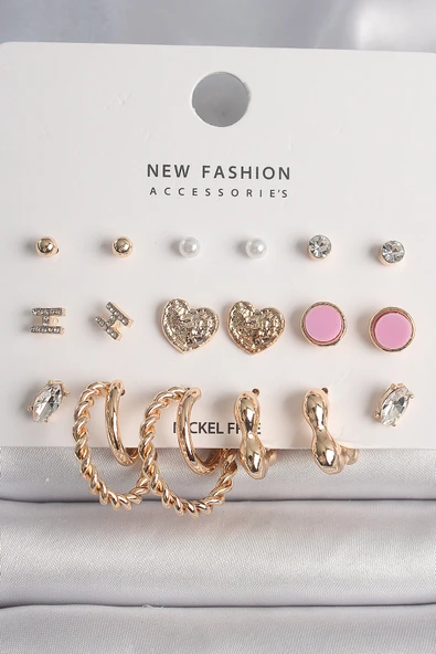 Pirinç Gold Renk Zirkon Taşlı Burug Halka Model İşlemeli Kalp Detay 9 Çift Kadın Küpe Seti - TJ-BKP10175 ürün görseli 1